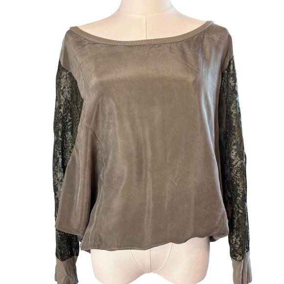 Miss Ferriday Tops - Miss‎ Ferriday Taupe Silk Blouse Lace Sleeves Mixed Media Romantic Top